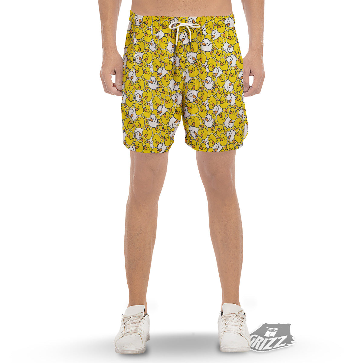 White And Yellow Duck Rubber Print Pattern Men's Gym Shorts-grizzshop