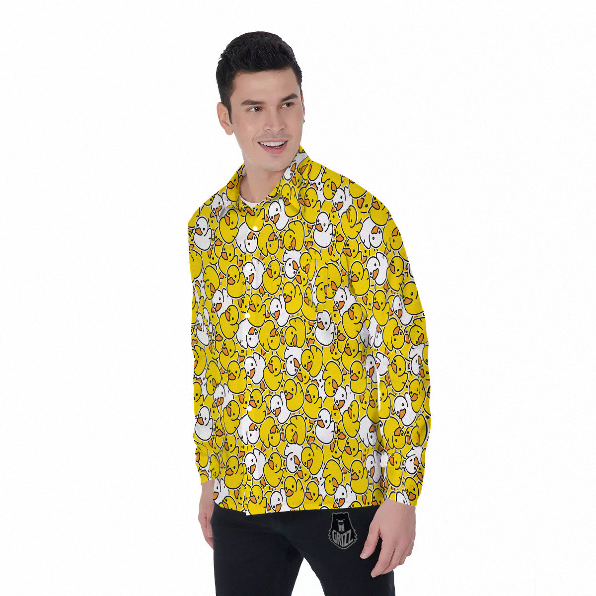 White And Yellow Duck Rubber Print Pattern Men's Long Sleeve Shirts-grizzshop