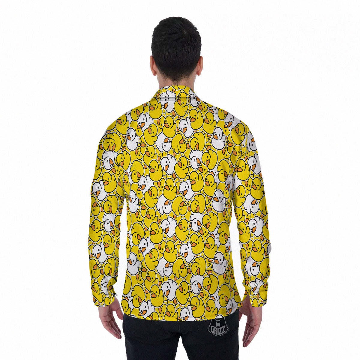 White And Yellow Duck Rubber Print Pattern Men's Long Sleeve Shirts-grizzshop