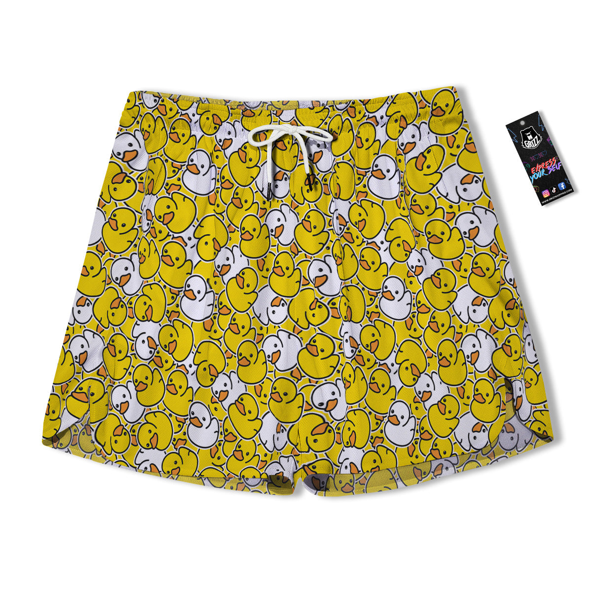 White And Yellow Duck Rubber Print Pattern Men's Running Shorts-grizzshop