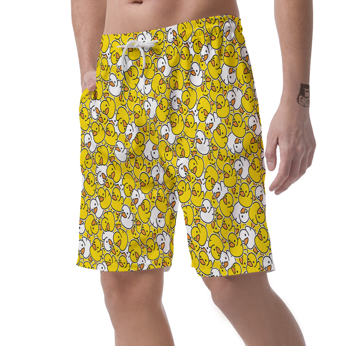 White And Yellow Duck Rubber Print Pattern Men's Shorts-grizzshop