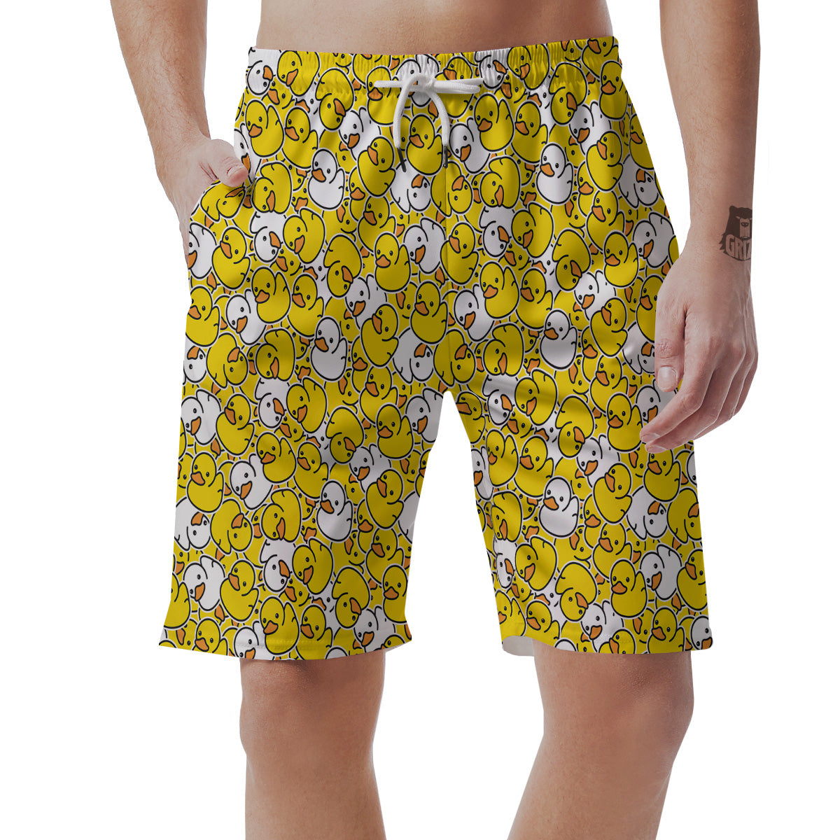 White And Yellow Duck Rubber Print Pattern Men's Shorts-grizzshop
