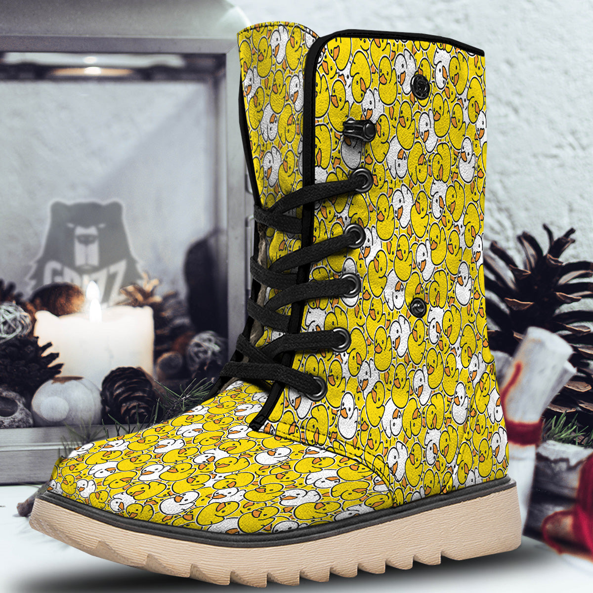 White And Yellow Duck Rubber Print Pattern Snow Boots-grizzshop