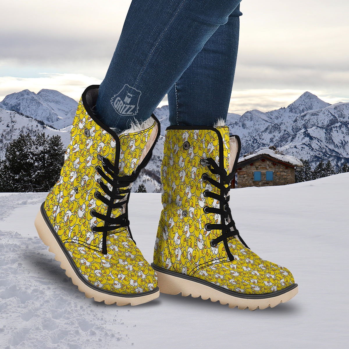 White And Yellow Duck Rubber Print Pattern Snow Boots-grizzshop