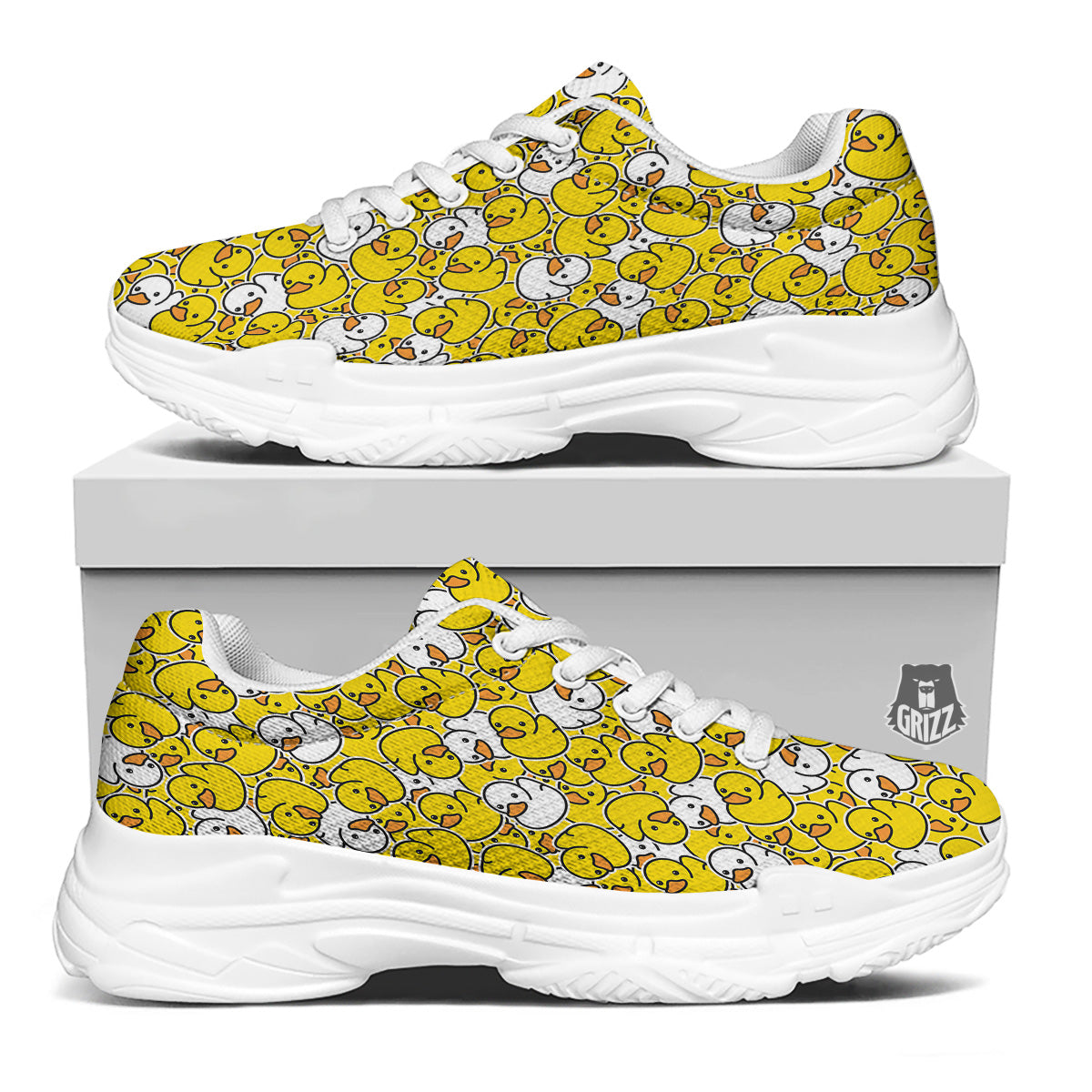 White And Yellow Duck Rubber Print Pattern White Chunky Shoes-grizzshop