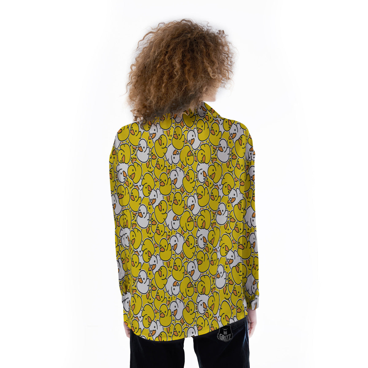 White And Yellow Duck Rubber Print Pattern Women's Long Sleeve Shirts-grizzshop
