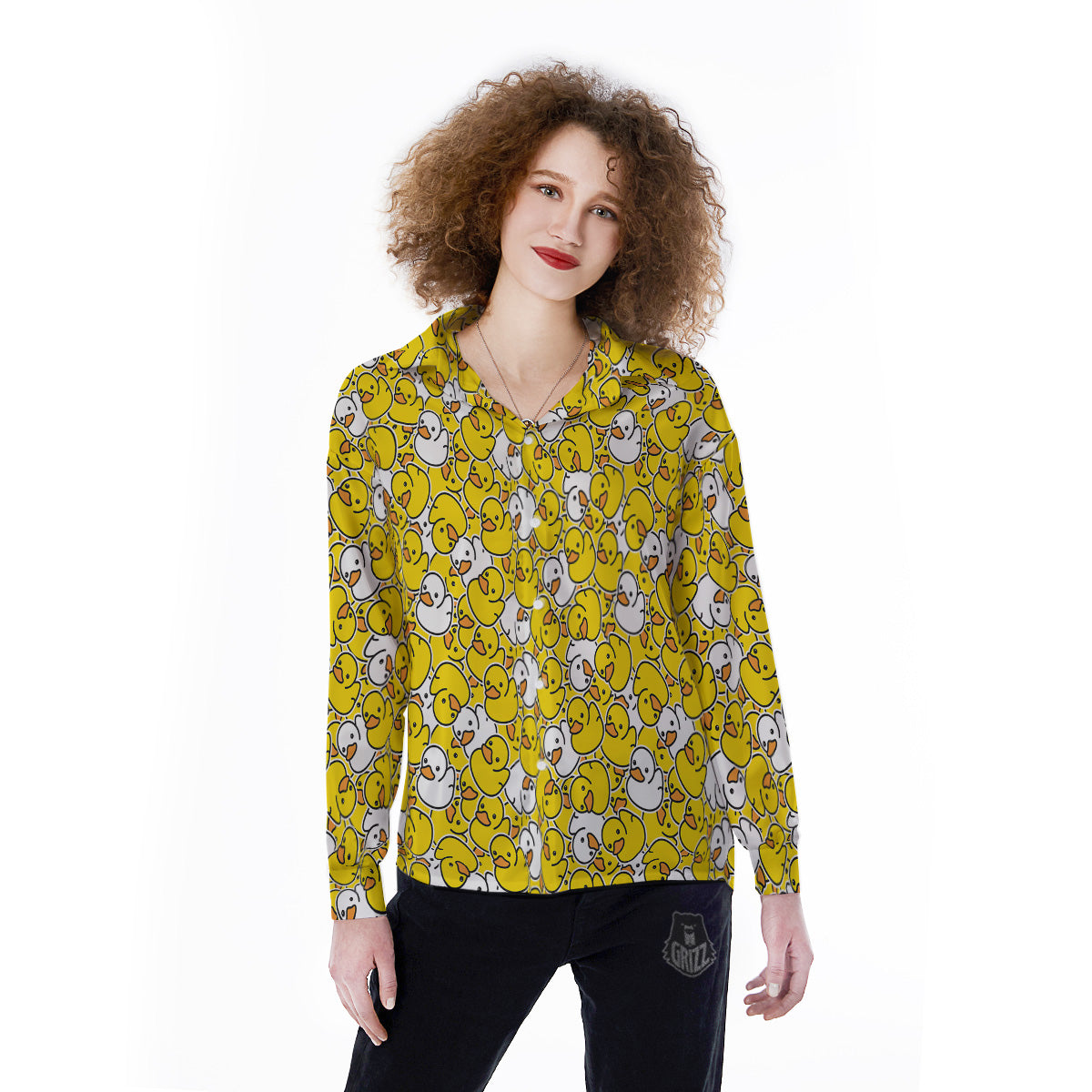 White And Yellow Duck Rubber Print Pattern Women's Long Sleeve Shirts-grizzshop
