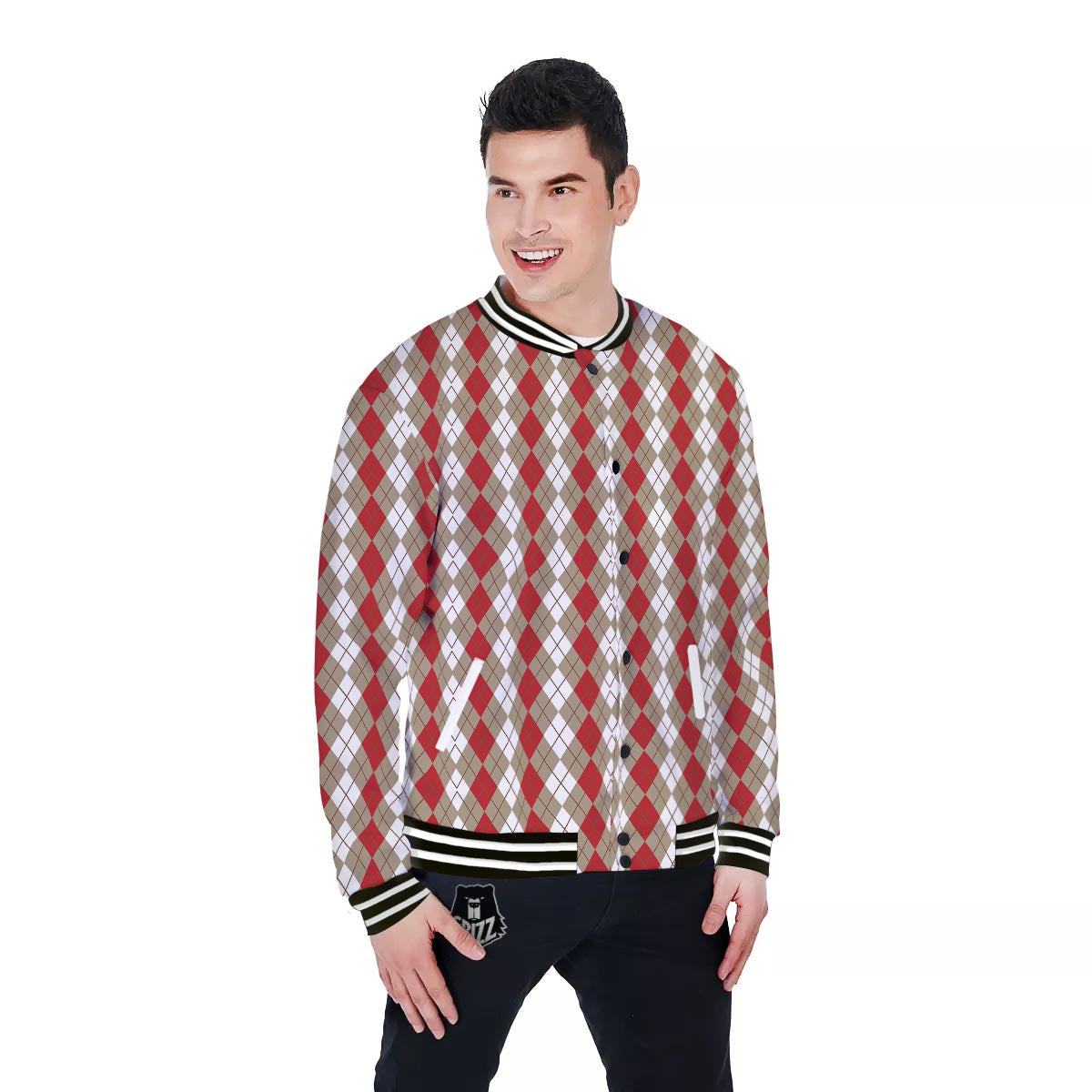 White Argyle And Beige Red Print Pattern Baseball Jacket-grizzshop