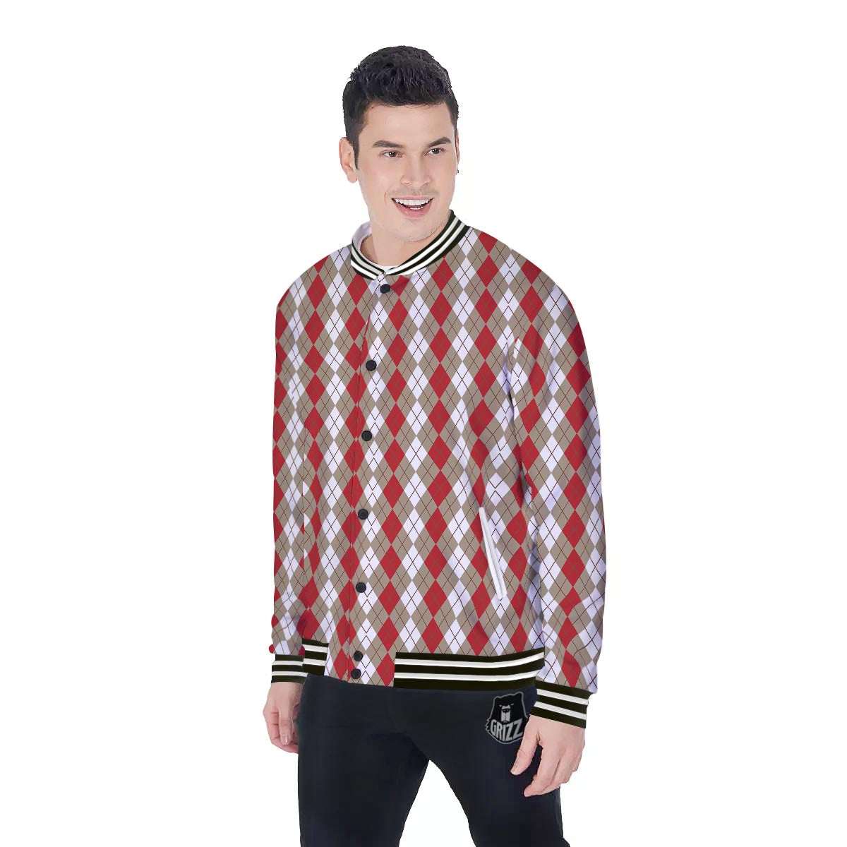 White Argyle And Beige Red Print Pattern Baseball Jacket-grizzshop