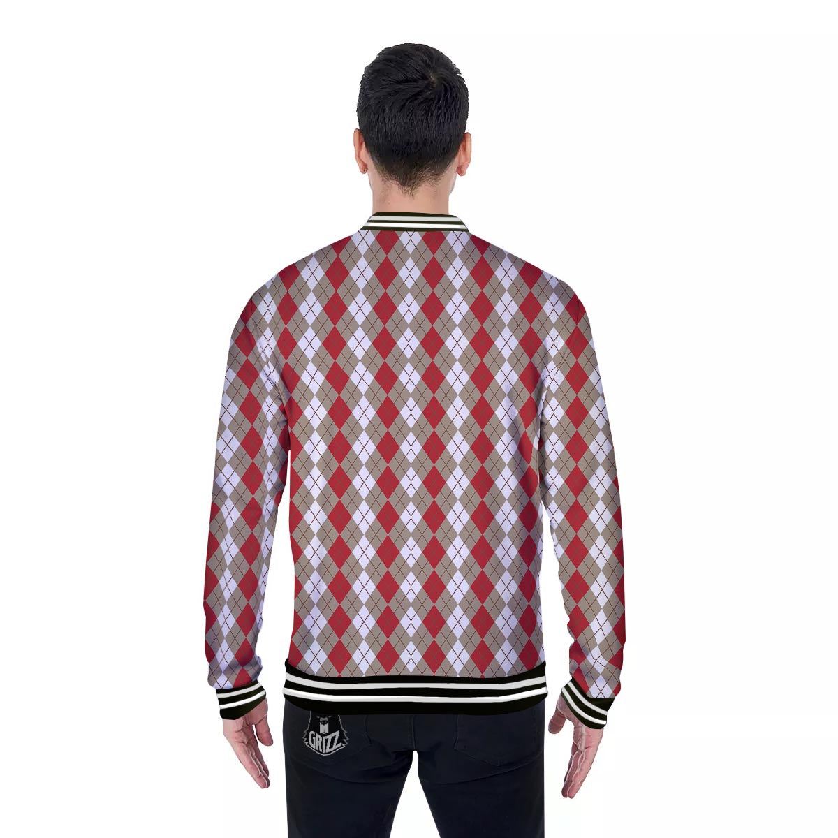 White Argyle And Beige Red Print Pattern Baseball Jacket-grizzshop