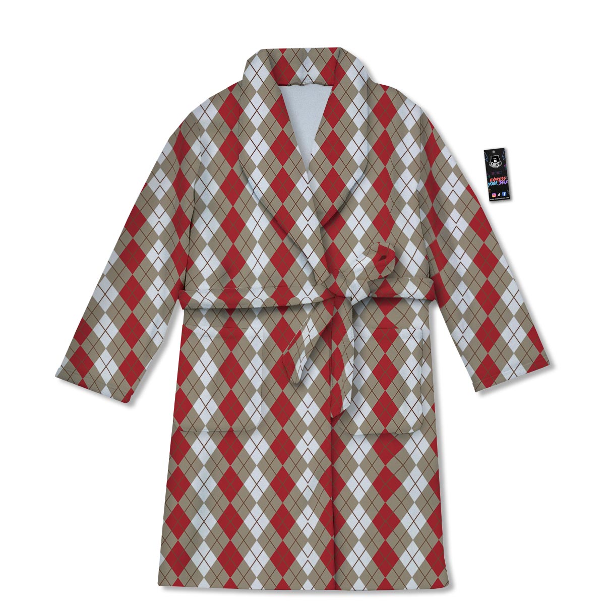 White Argyle And Beige Red Print Pattern Bathrobe-grizzshop