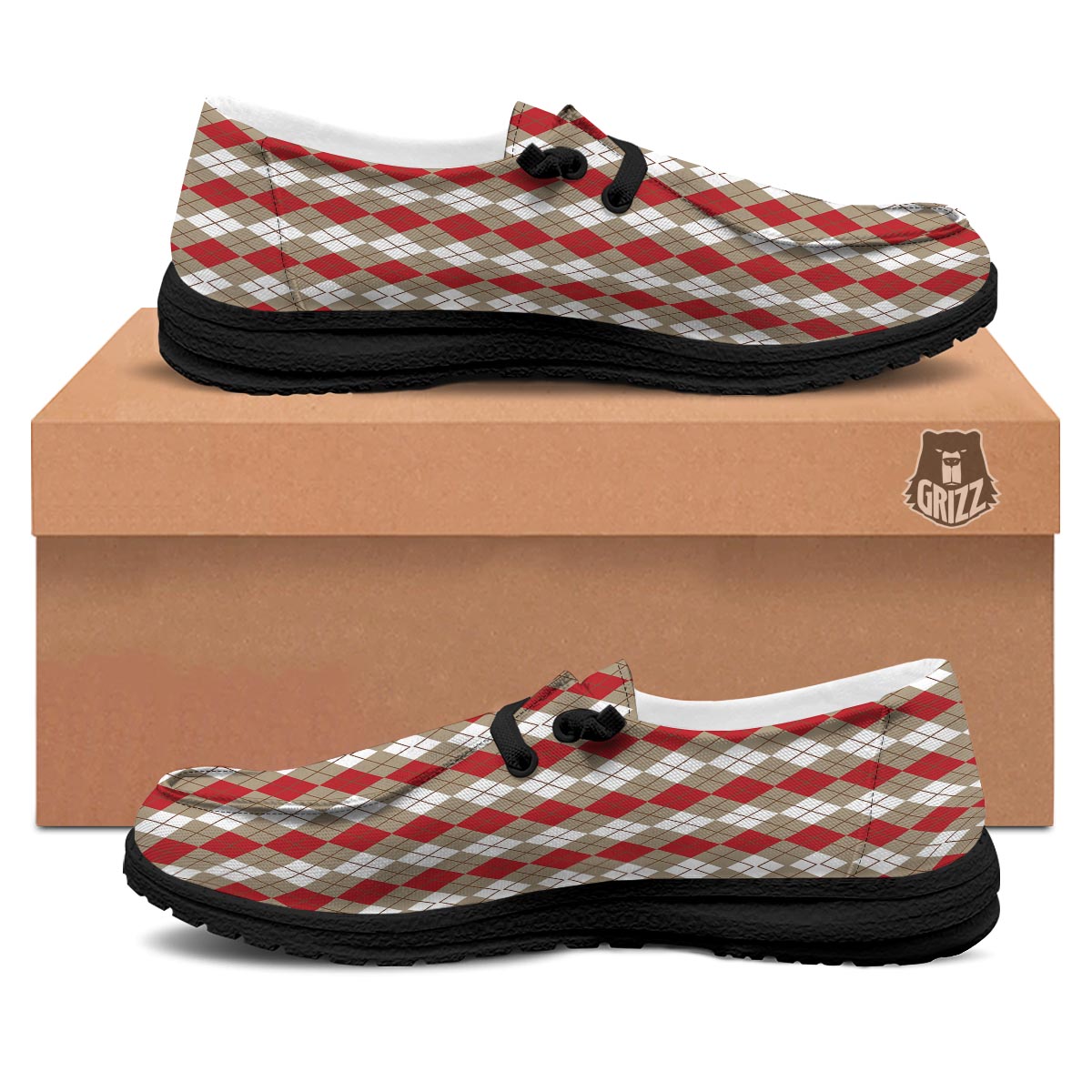 White Argyle And Beige Red Print Pattern Black Loafers-grizzshop