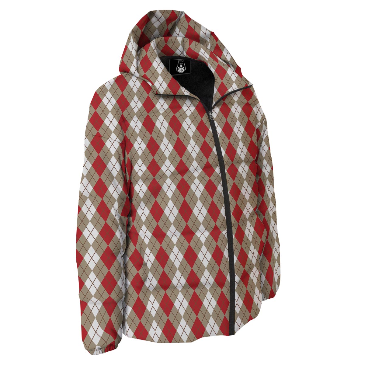 White Argyle And Beige Red Print Pattern Down Jacket-grizzshop