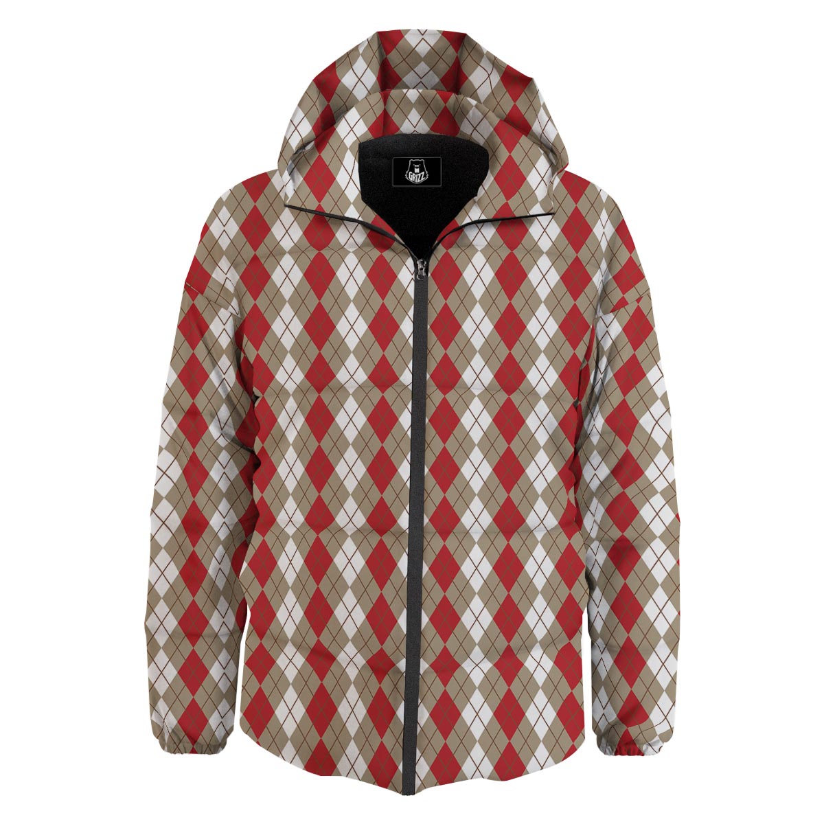White Argyle And Beige Red Print Pattern Down Jacket-grizzshop