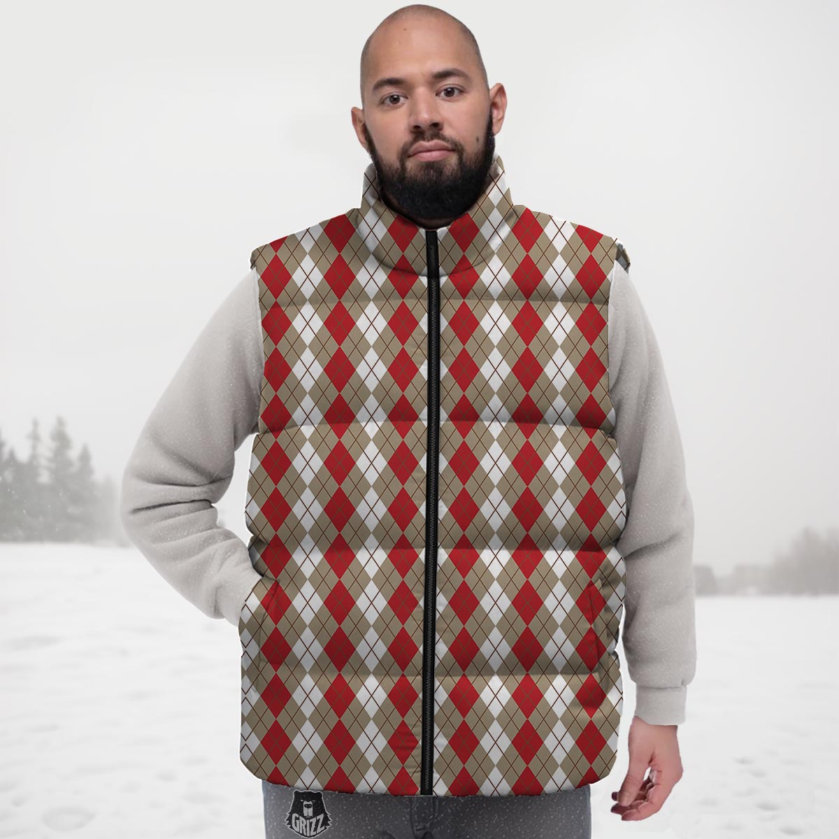 White Argyle And Beige Red Print Pattern Down Vest-grizzshop