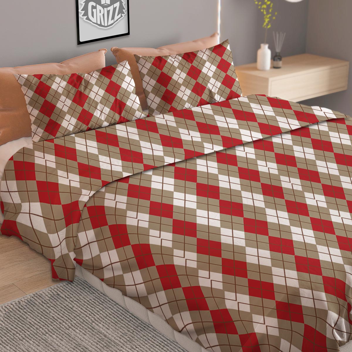 White Argyle And Beige Red Print Pattern Duvet Cover Bedding Set