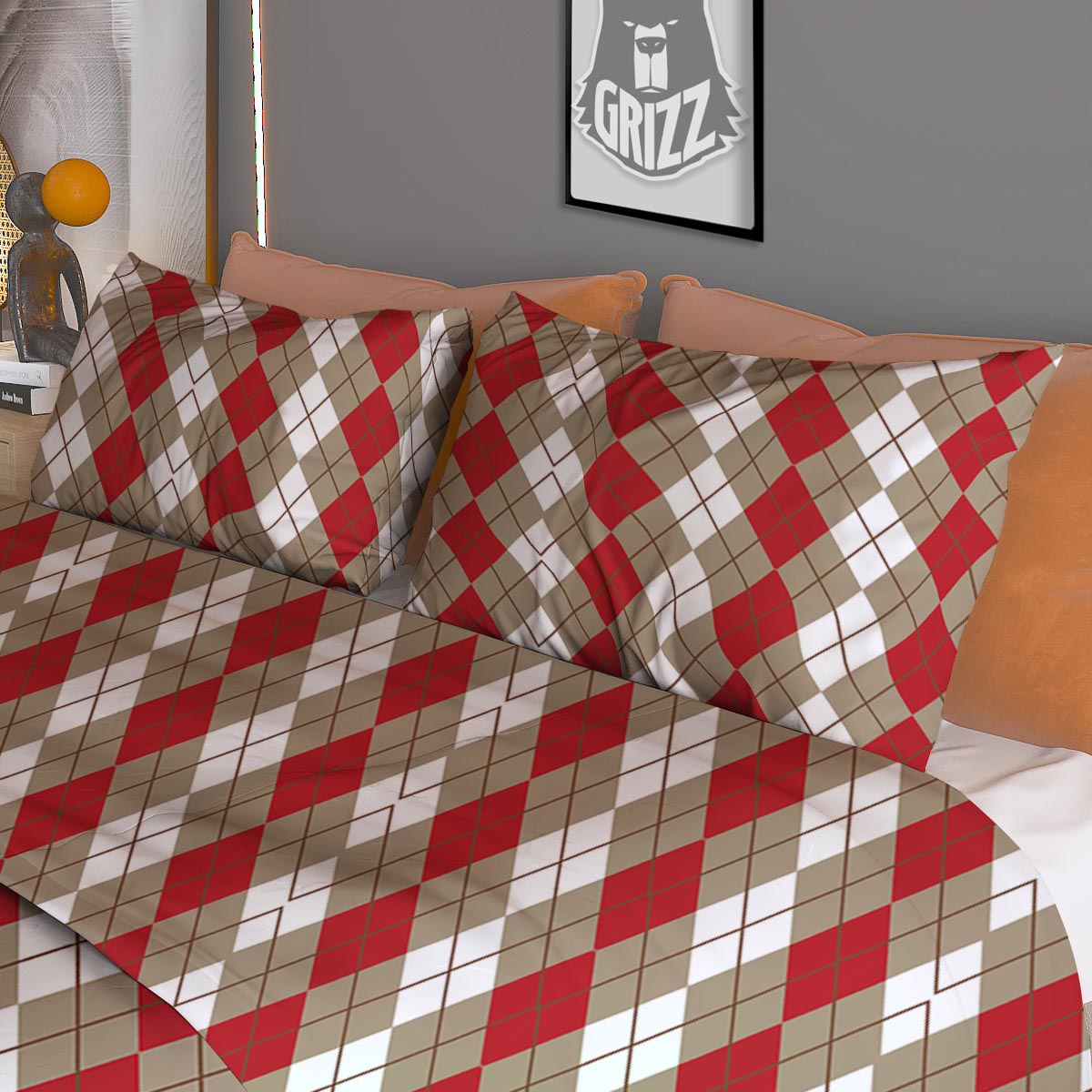 White Argyle And Beige Red Print Pattern Duvet Cover Bedding Set