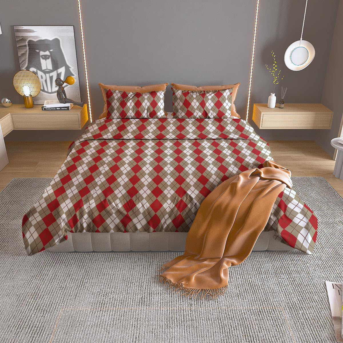 White Argyle And Beige Red Print Pattern Duvet Cover Bedding Set