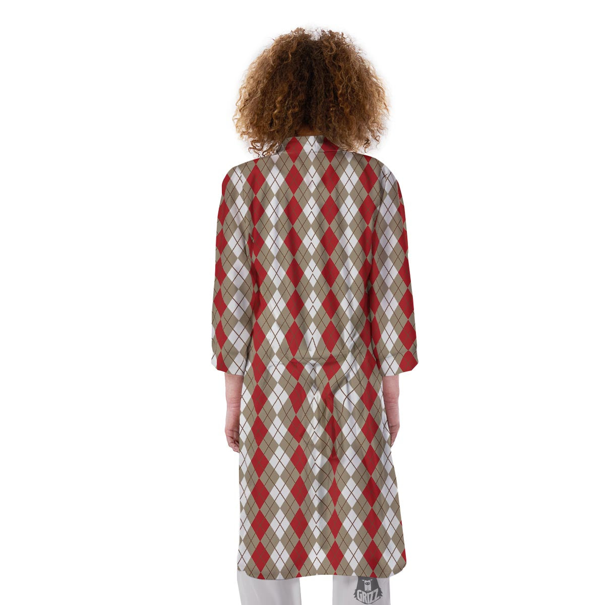 White Argyle And Beige Red Print Pattern Kimono-grizzshop