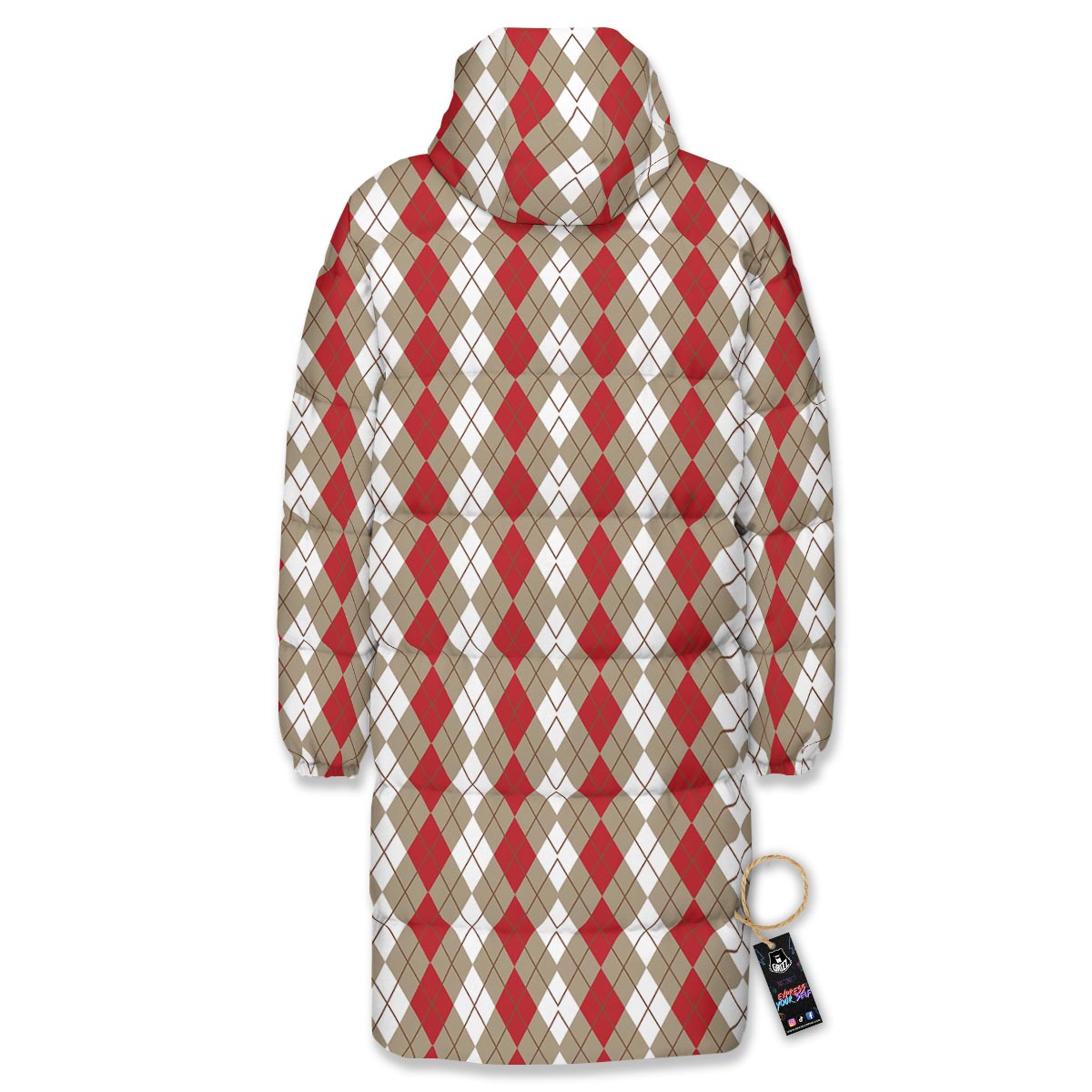 White Argyle And Beige Red Print Pattern Long Down Jacket-grizzshop