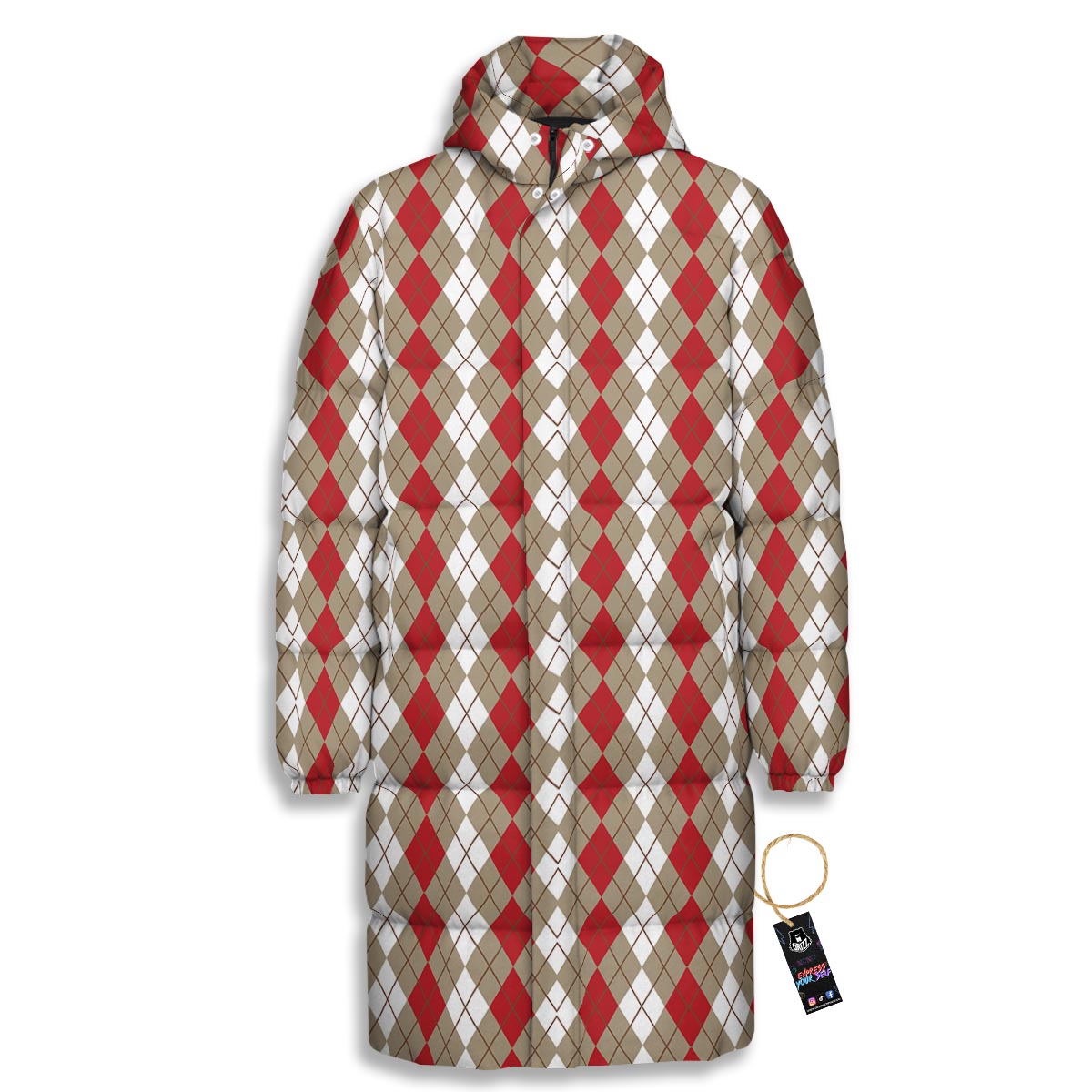 White Argyle And Beige Red Print Pattern Long Down Jacket-grizzshop