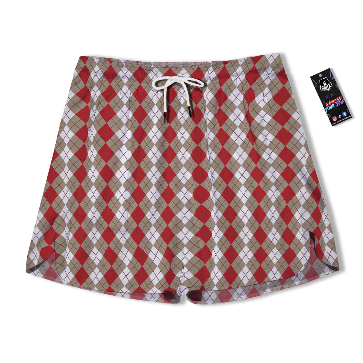 White Argyle And Beige Red Print Pattern Men's Running Shorts-grizzshop