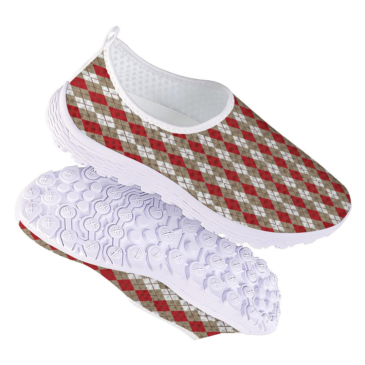 White Argyle And Beige Red Print Pattern Nurse Shoes-grizzshop