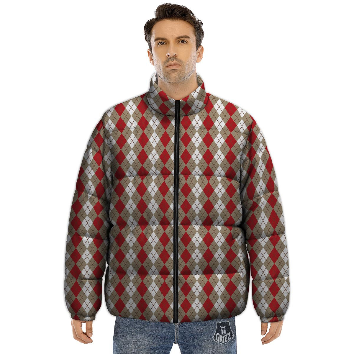 White Argyle And Beige Red Print Pattern Puffer Jacket-grizzshop