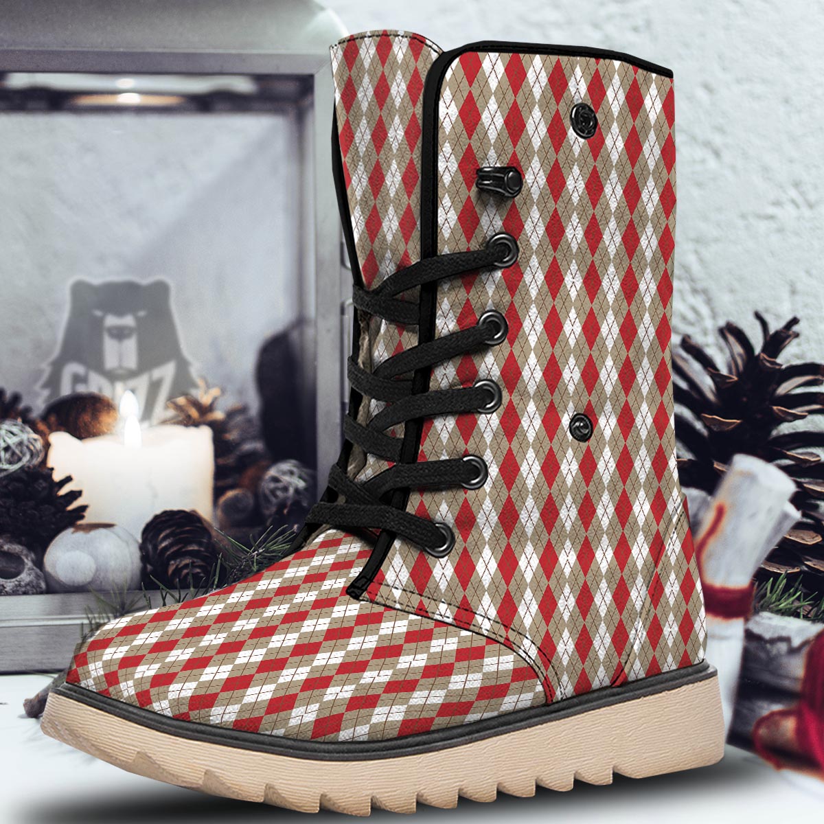White Argyle And Beige Red Print Pattern Snow Boots-grizzshop