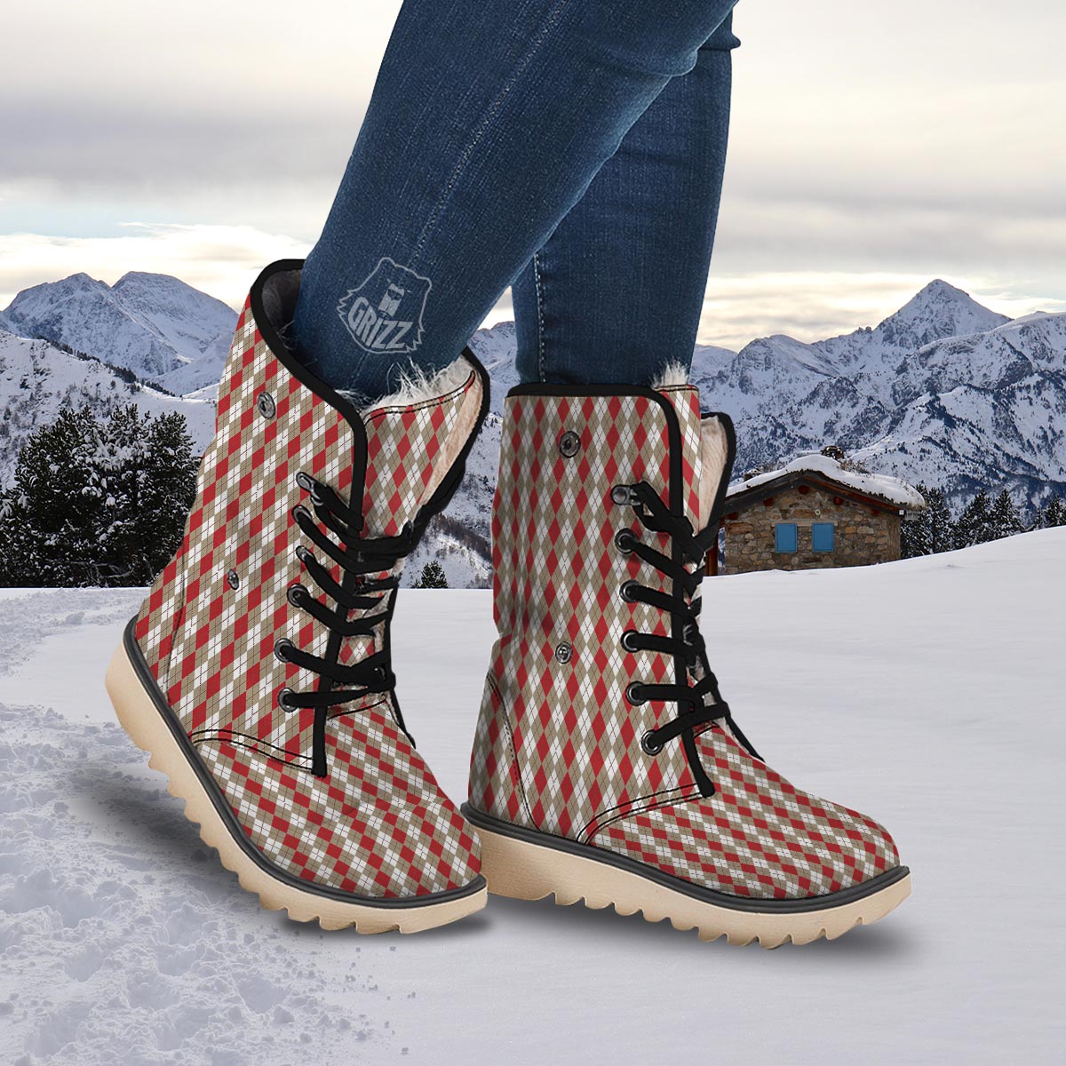 White Argyle And Beige Red Print Pattern Snow Boots-grizzshop