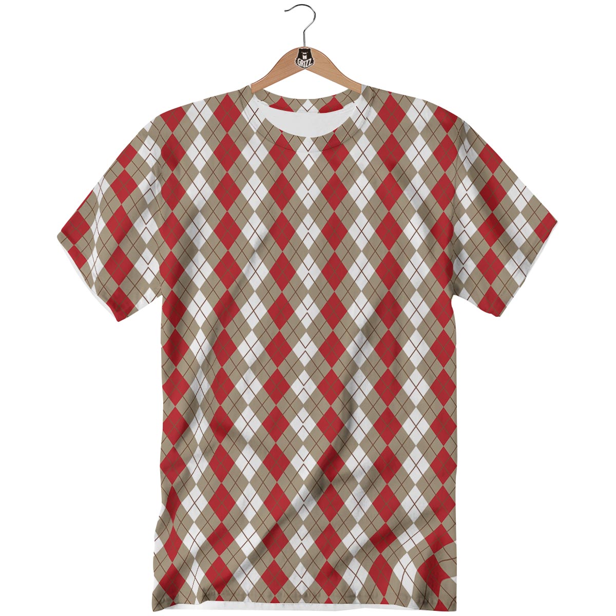 White Argyle And Beige Red Print Pattern T-Shirt-grizzshop