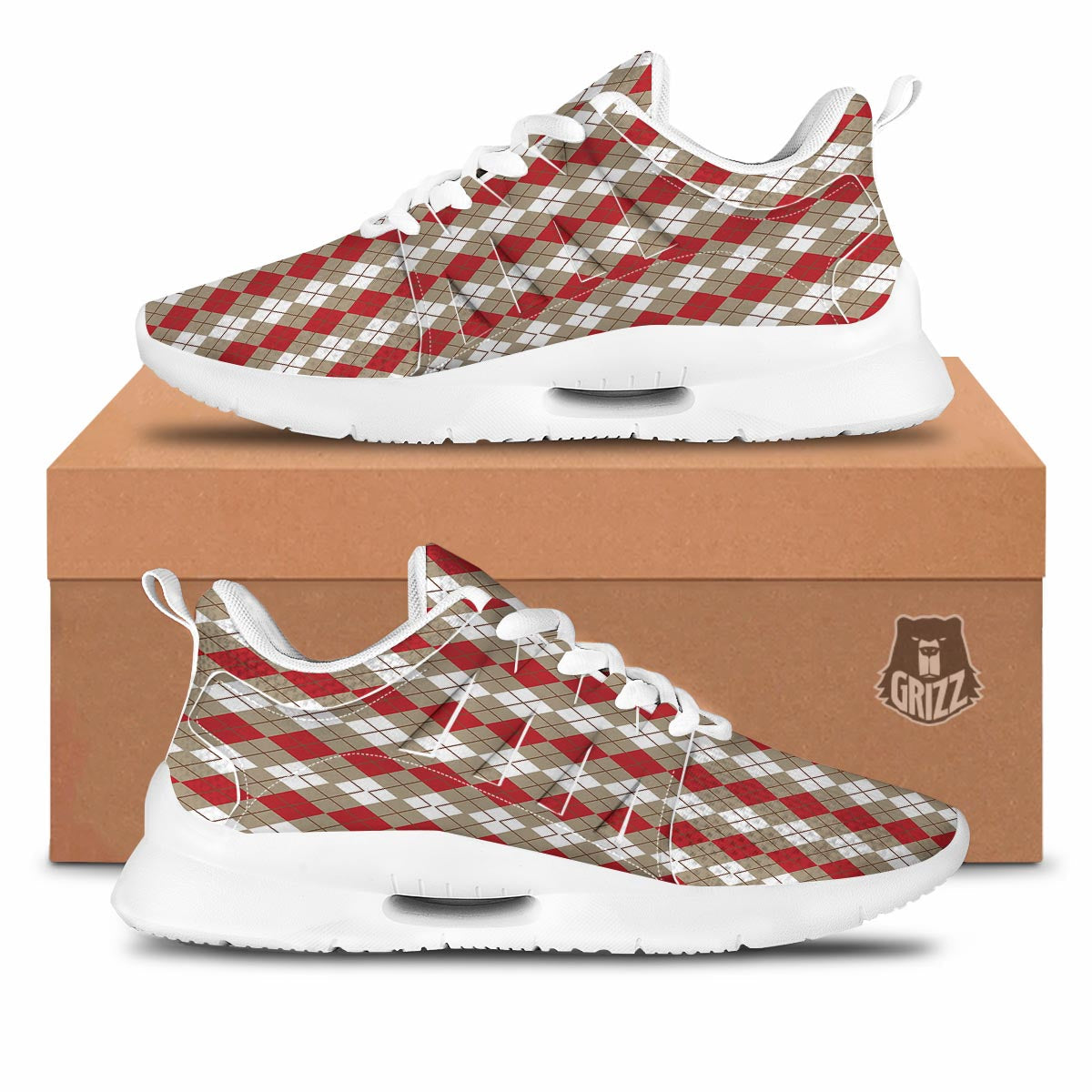 White Argyle And Beige Red Print Pattern Tennis Shoes-grizzshop