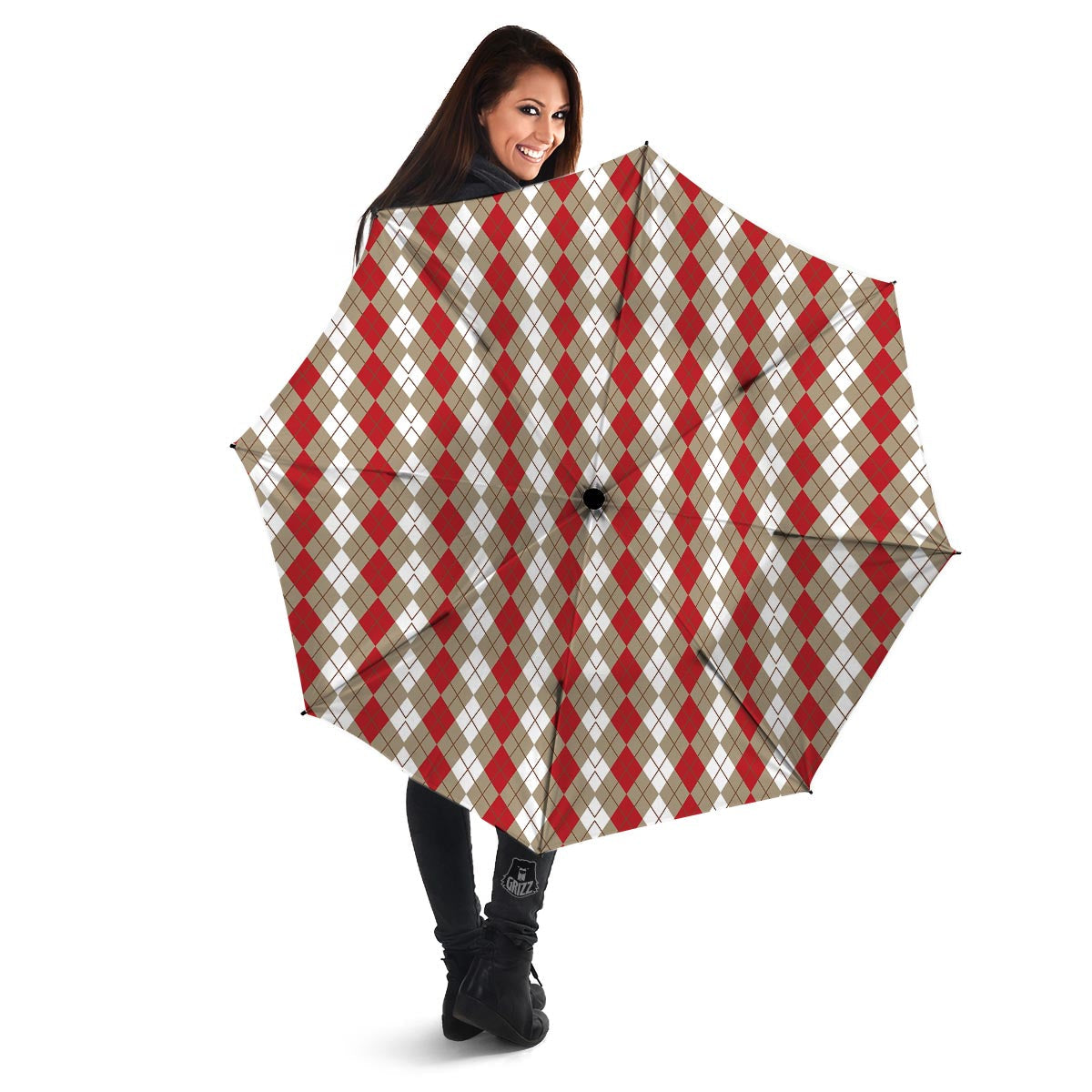 White Argyle And Beige Red Print Pattern Umbrella-grizzshop