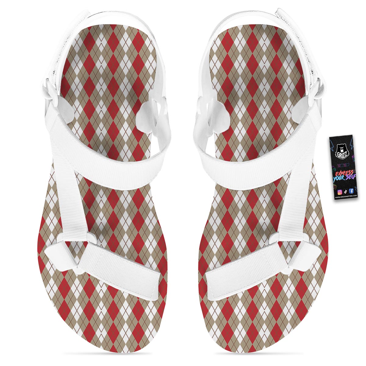 White Argyle And Beige Red Print Pattern White Open Toe Sandals-grizzshop
