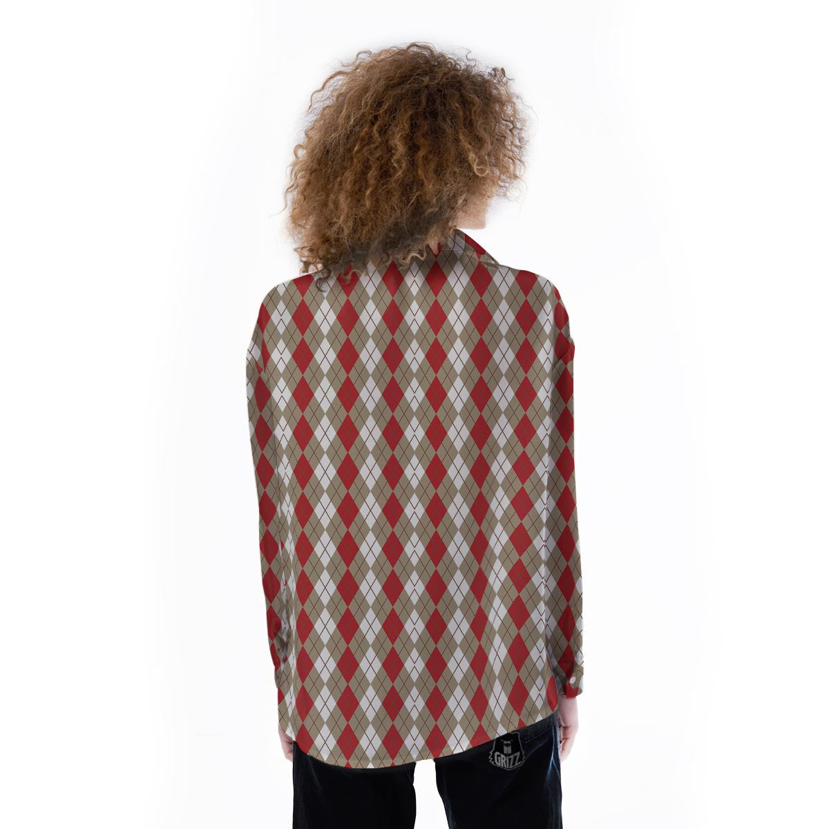 White Argyle And Beige Red Print Pattern Women's Long Sleeve Shirts-grizzshop