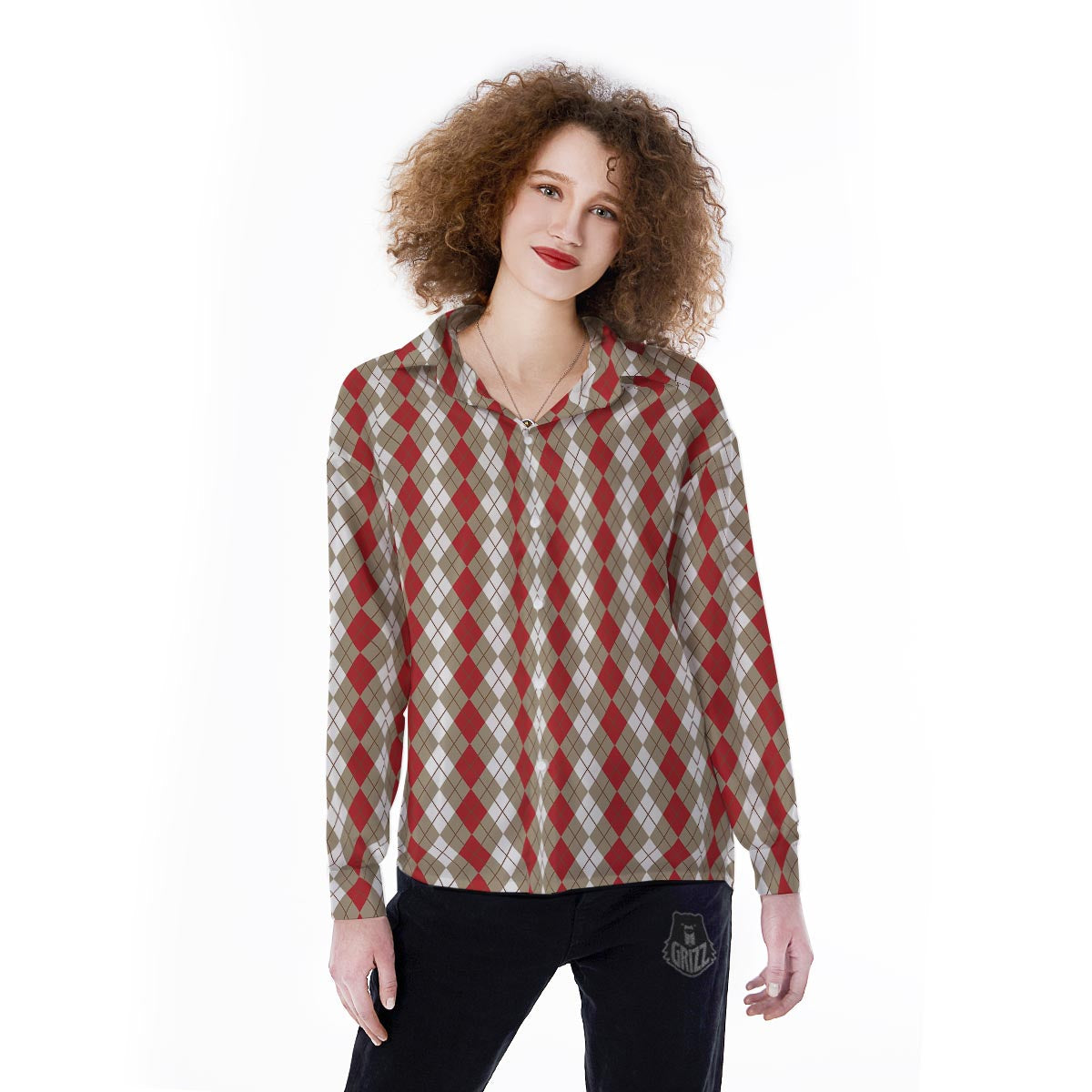 White Argyle And Beige Red Print Pattern Women's Long Sleeve Shirts-grizzshop
