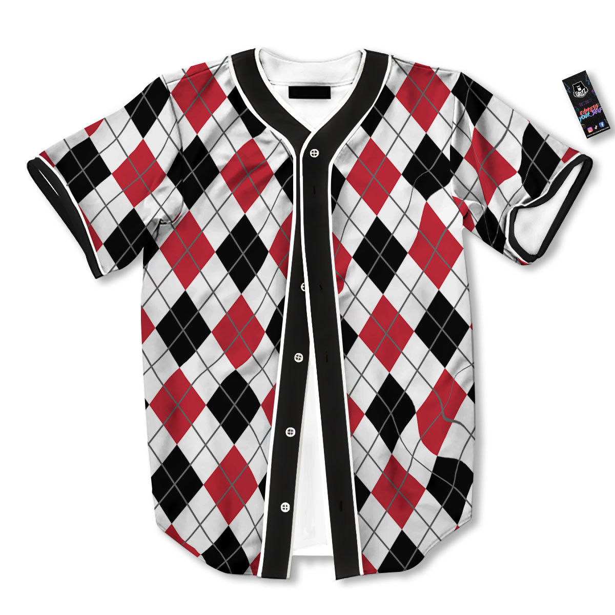 White Argyle And Black Red Print Baseball Jersey-grizzshop