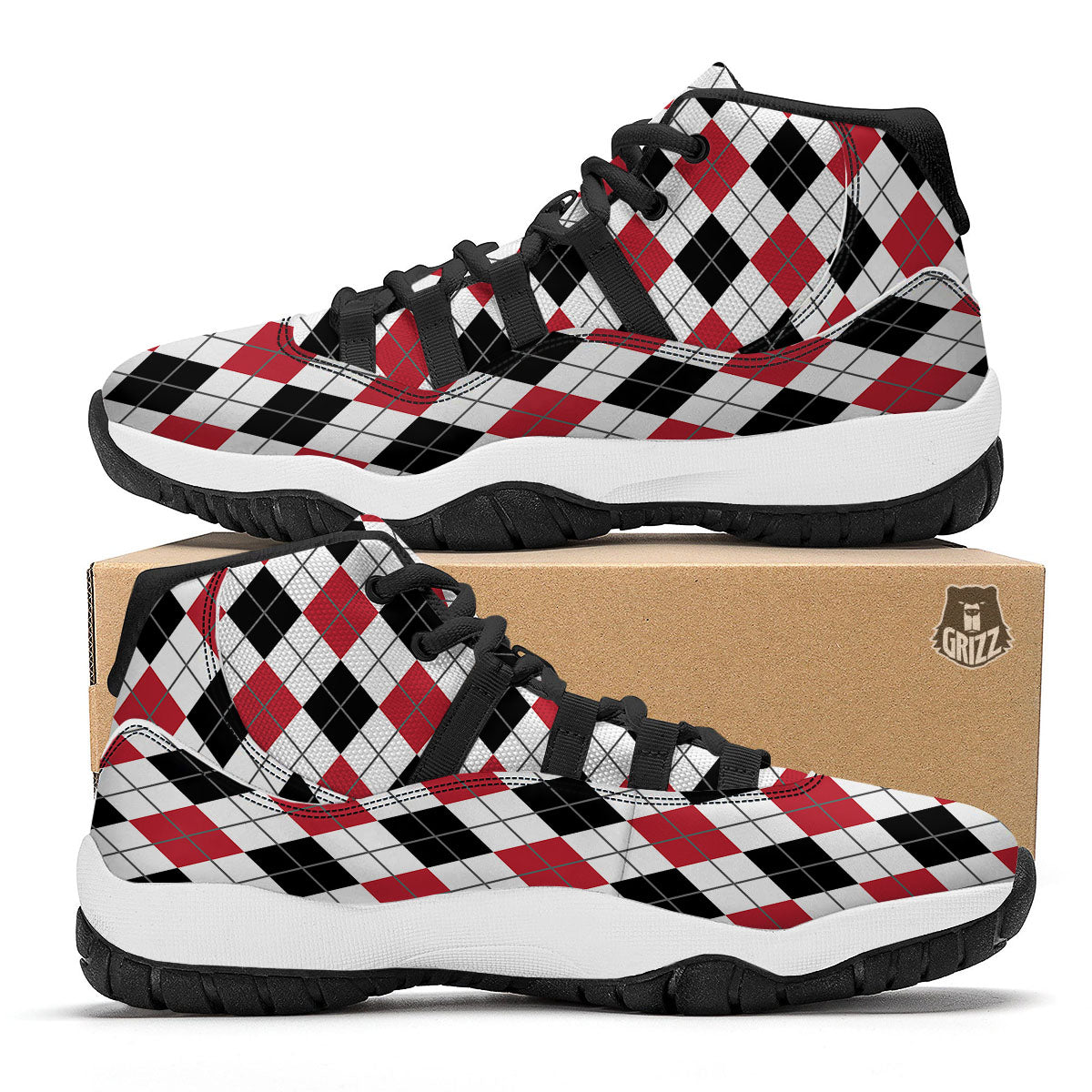 White Argyle And Black Red Print Black Bball Shoes-grizzshop