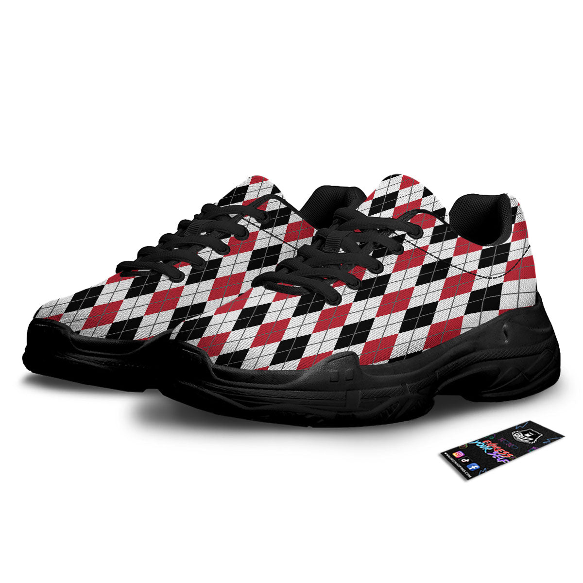 White Argyle And Black Red Print Black Chunky Shoes-grizzshop