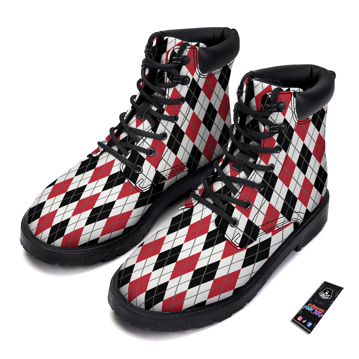 White Argyle And Black Red Print Boots-grizzshop