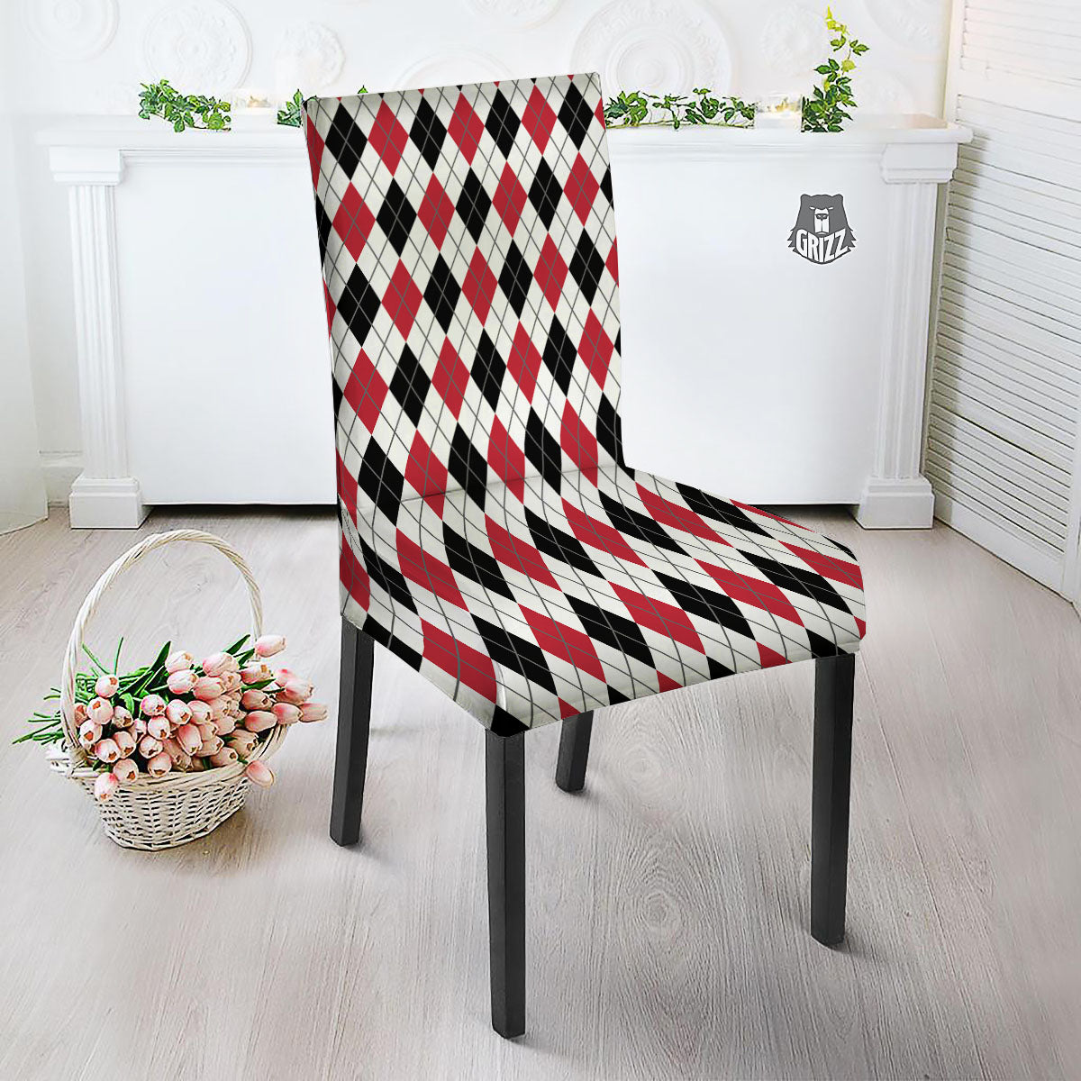 White Argyle And Black Red Print Dining Chair Slipcover-grizzshop