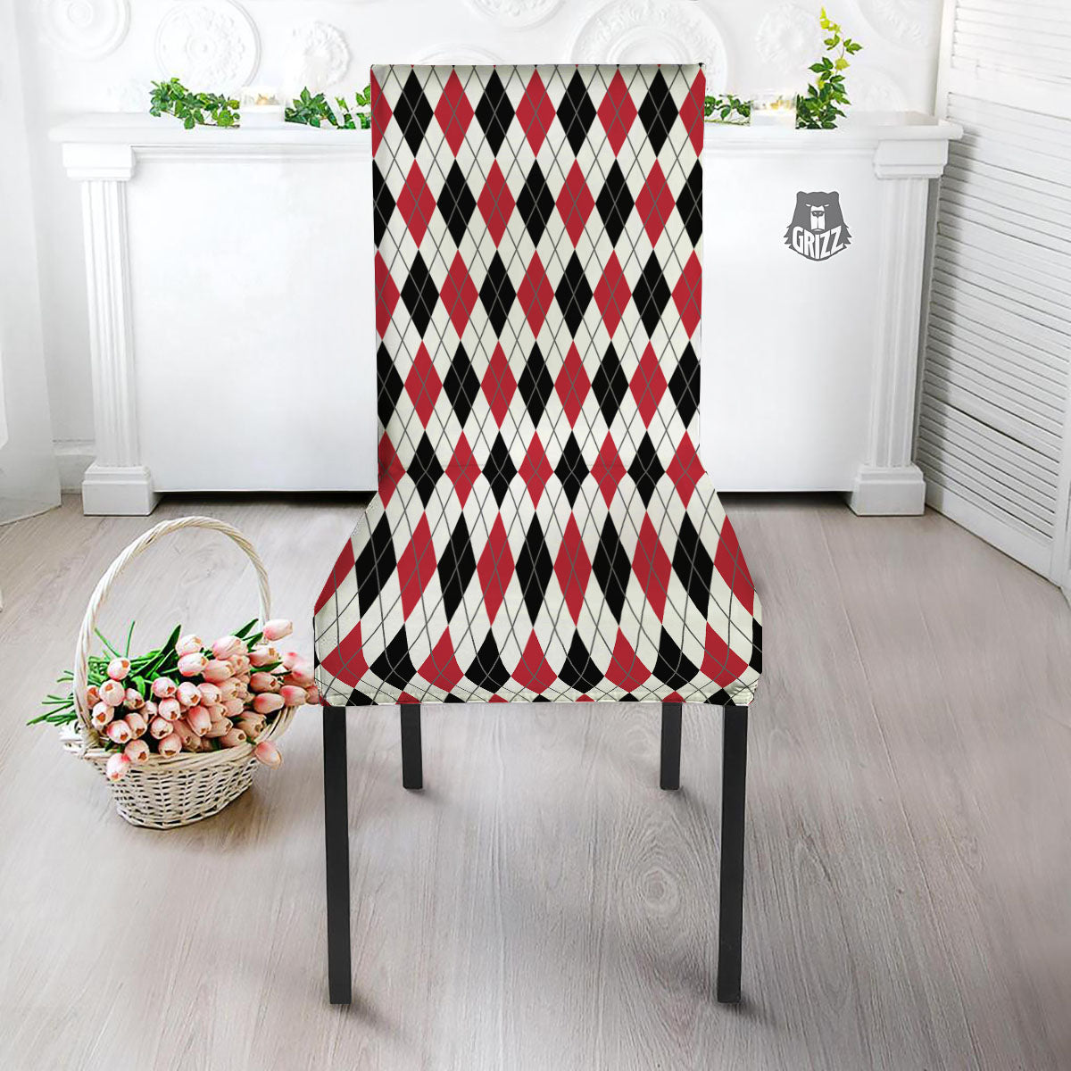 White Argyle And Black Red Print Dining Chair Slipcover-grizzshop