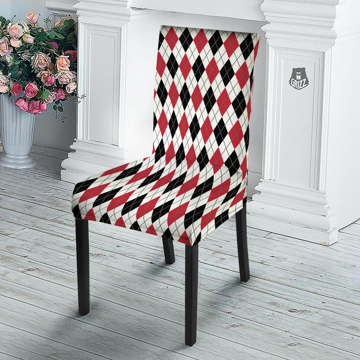 White Argyle And Black Red Print Dining Chair Slipcover-grizzshop
