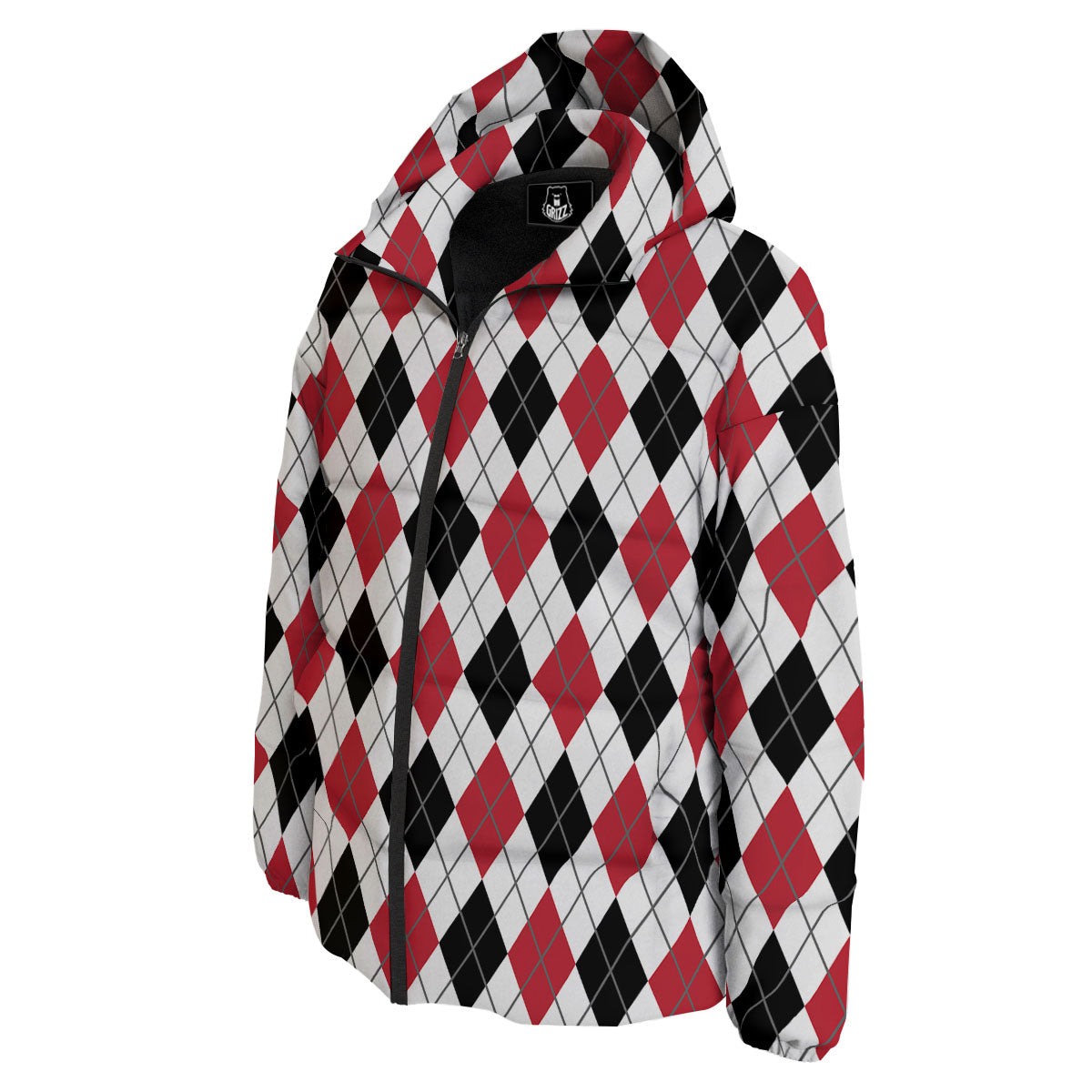 White Argyle And Black Red Print Down Jacket-grizzshop