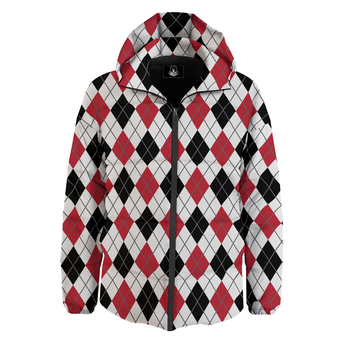 White Argyle And Black Red Print Down Jacket-grizzshop