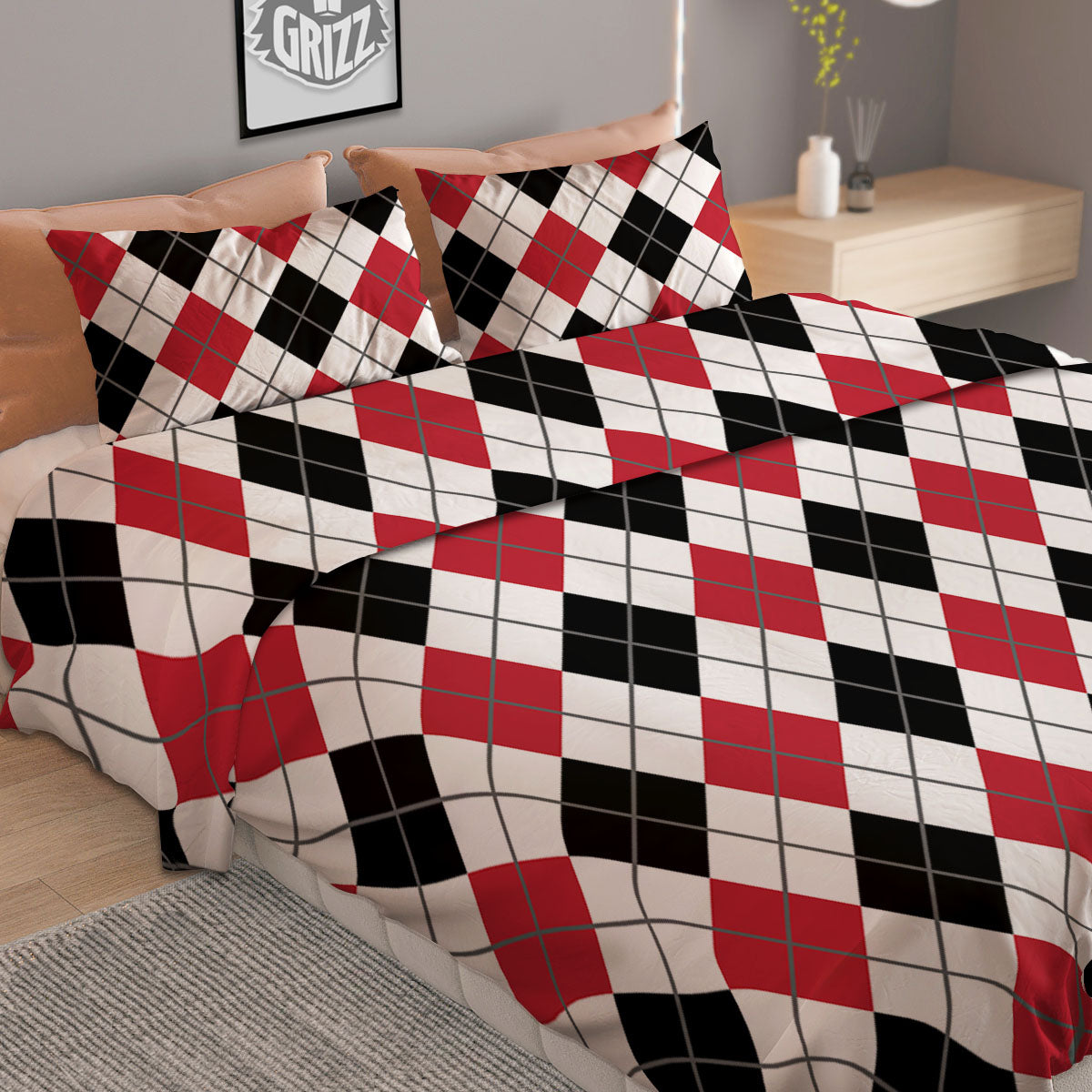 White Argyle And Black Red Print Duvet Cover Bedding Set