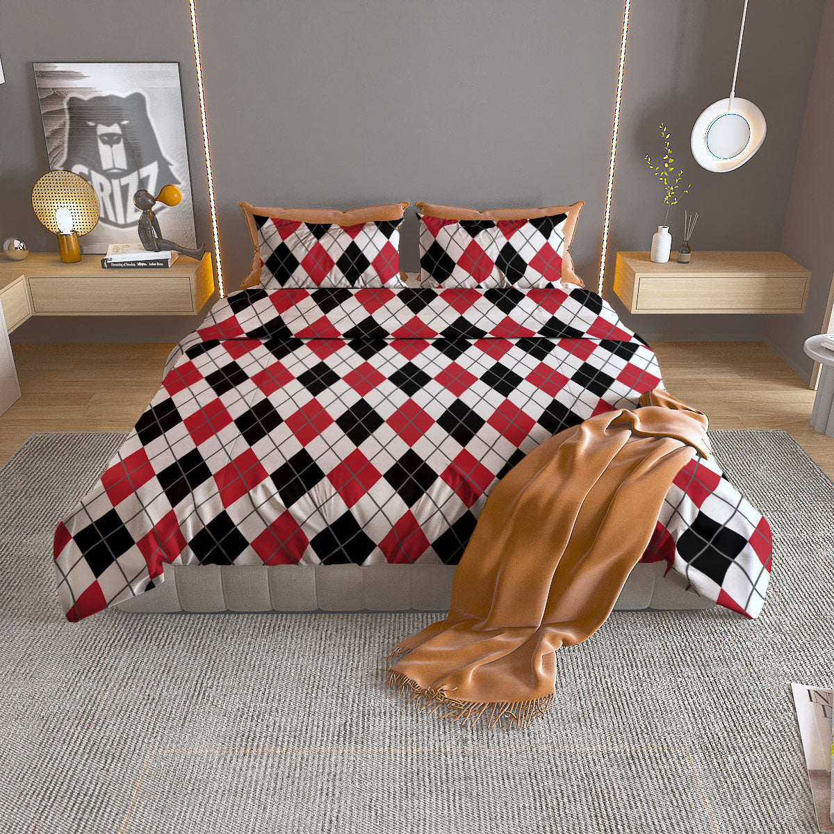 White Argyle And Black Red Print Duvet Cover Bedding Set