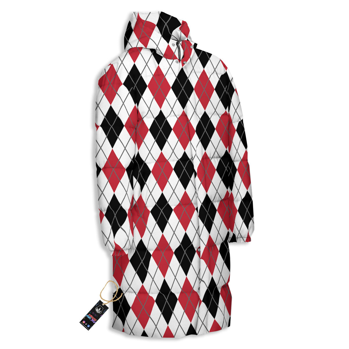 White Argyle And Black Red Print Long Down Jacket-grizzshop