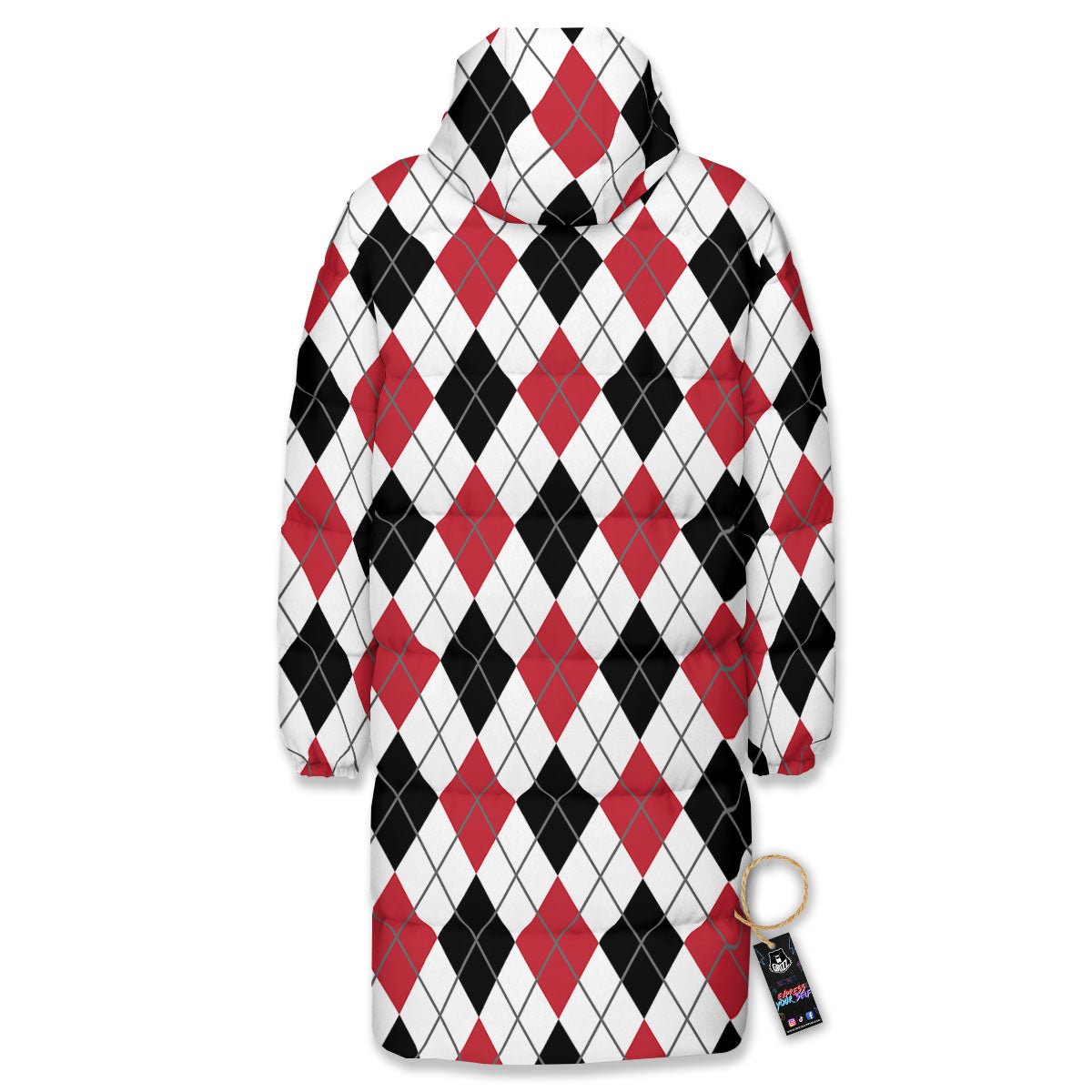 White Argyle And Black Red Print Long Down Jacket-grizzshop