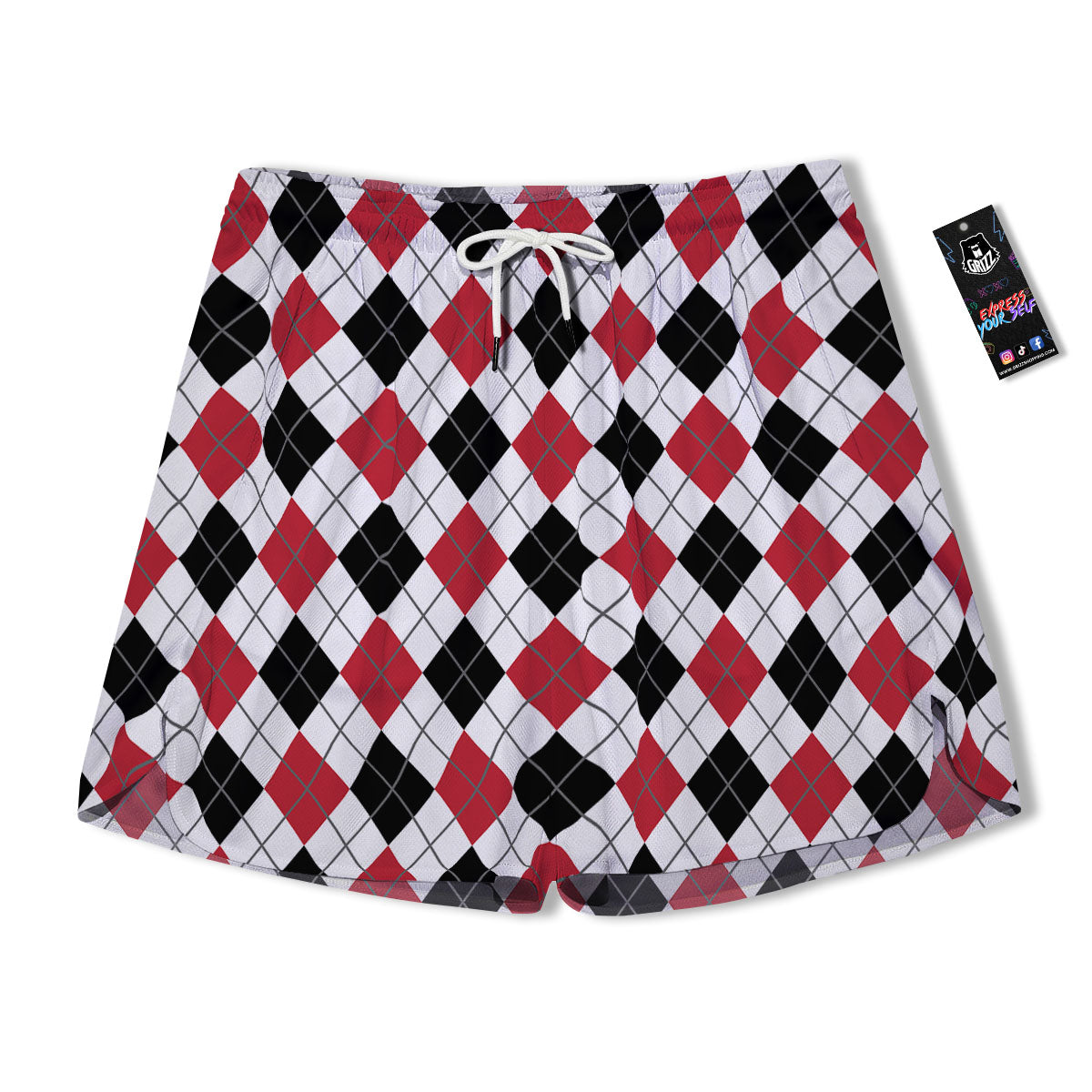 White Argyle And Black Red Print Men's Running Shorts-grizzshop
